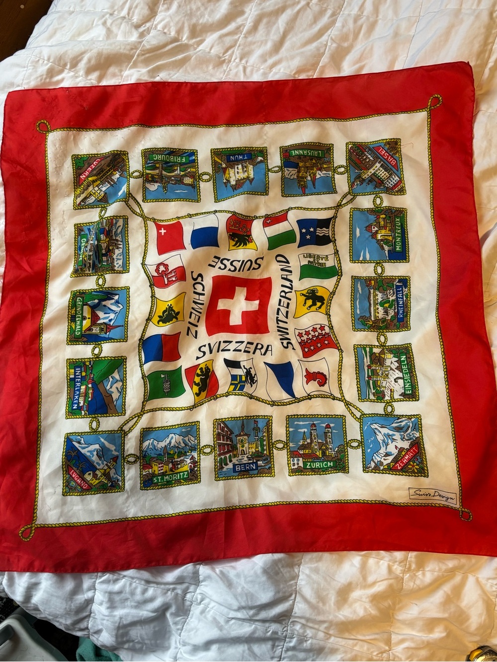 Swiss Switzerland Red Border Scenic Satin Scarf